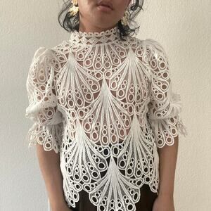 White Puff Sleeve Eyelet Lace Blouse